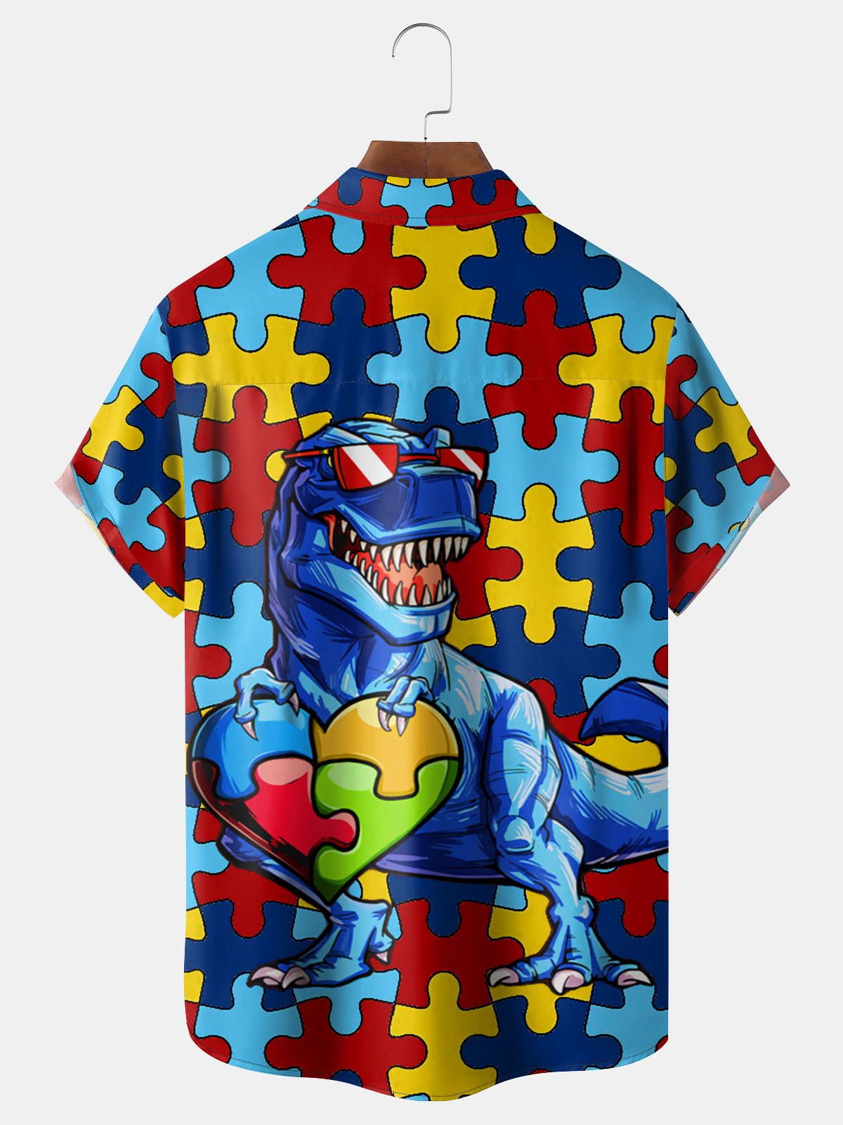 Fun Puzzle Dinosaur Chest Pocket Short Sleeve Casual Shirt