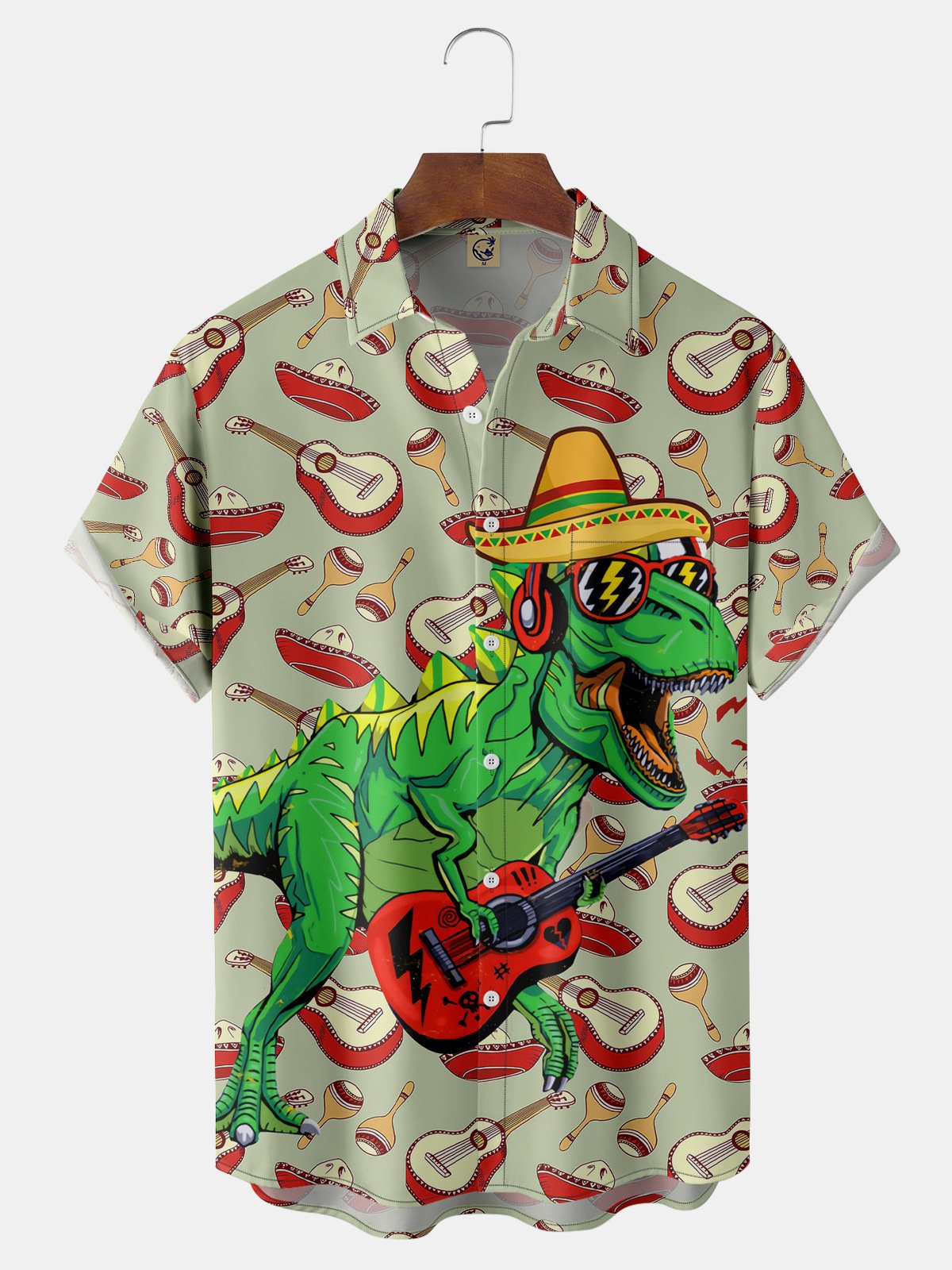 Cinco De Mayo Dinosaur Chest Pocket Short Sleeve Shirt