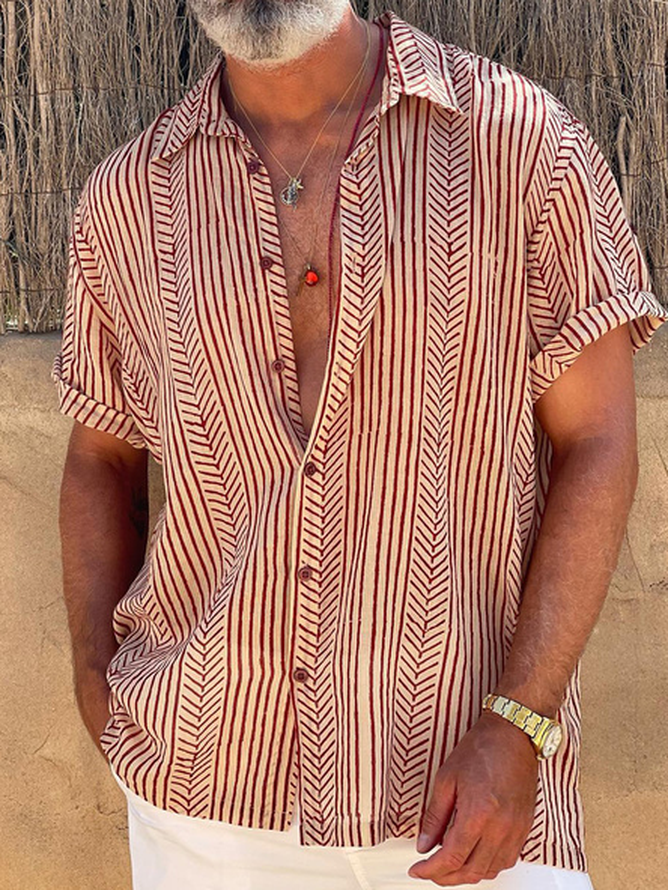 Big Size Retro Striped Chest Pocket Short Sleeve Shirt