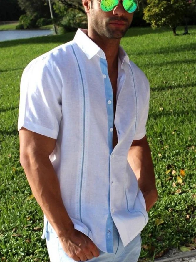 Big Size Stripe Contrast Short Sleeve Guayabera Shirt