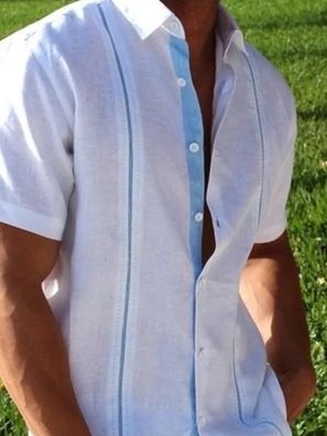 Big Size Stripe Contrast Short Sleeve Guayabera Shirt