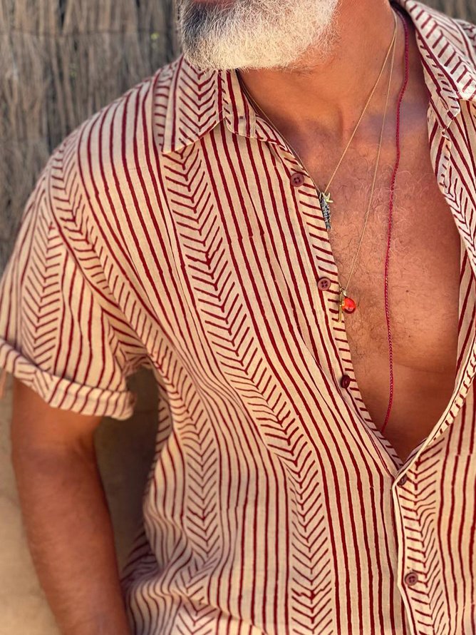 Big Size Retro Striped Chest Pocket Short Sleeve Shirt