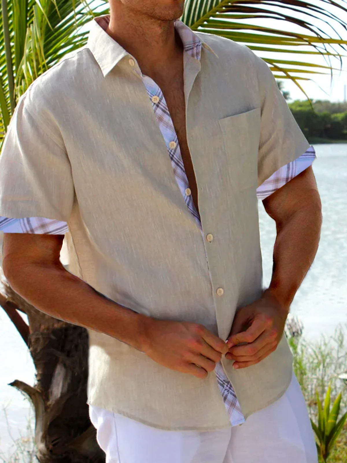 Plaid Panel Short Sleeve Casual Shirt