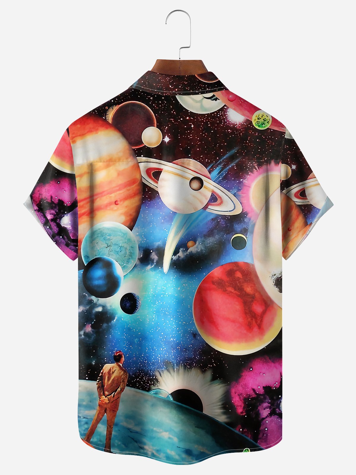 Universe Planets Chest Pocket Short Sleeve Casual Shirt