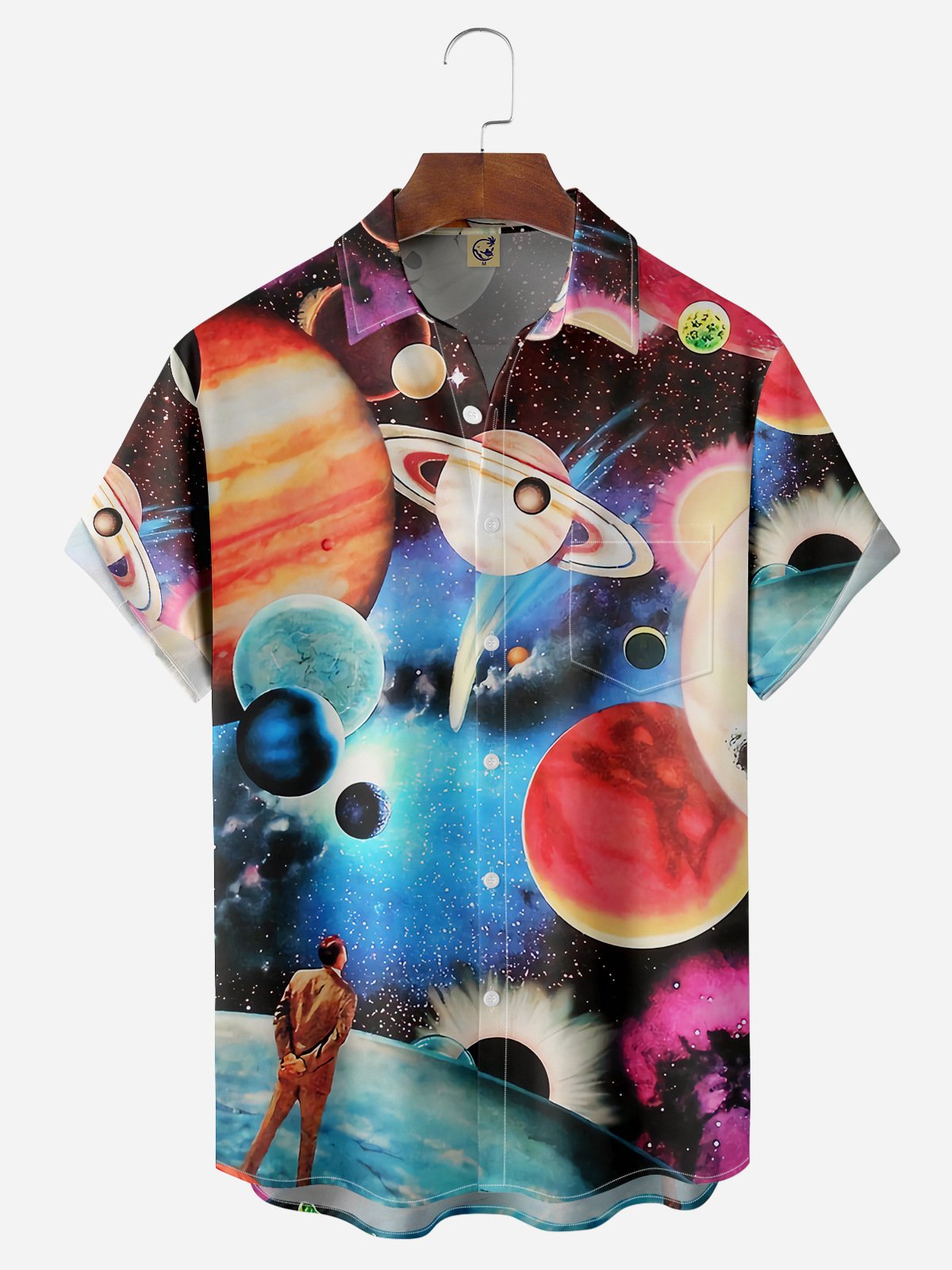 Universe Planets Chest Pocket Short Sleeve Casual Shirt
