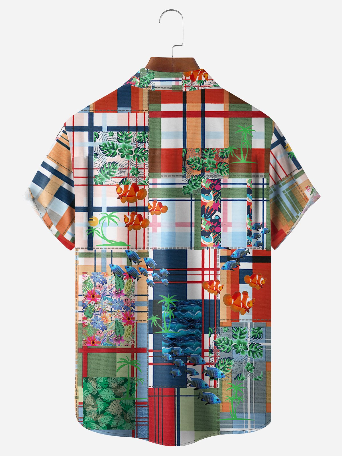 Coconut Tree Plaid Chest Pocket Short Sleeve Hawaiian Shirt