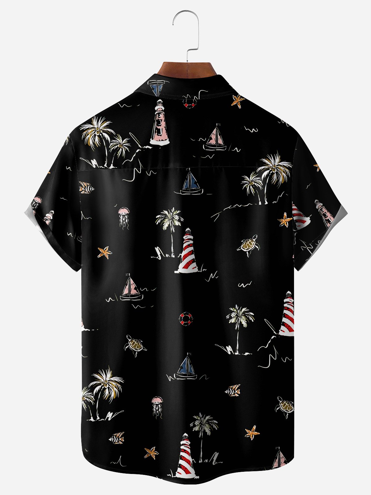 Lighthouse Coconut Tree Chest Pocket Short Sleeve Hawaiian Shirt