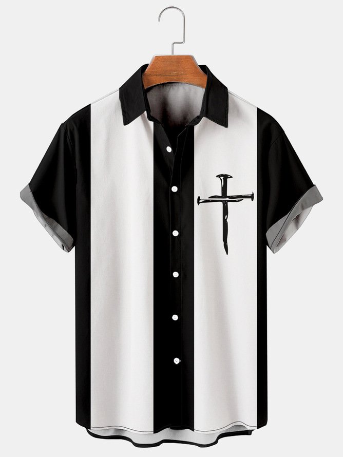 Big Size Crucifix Chest Pocket Short Sleeve Bowling Shirt