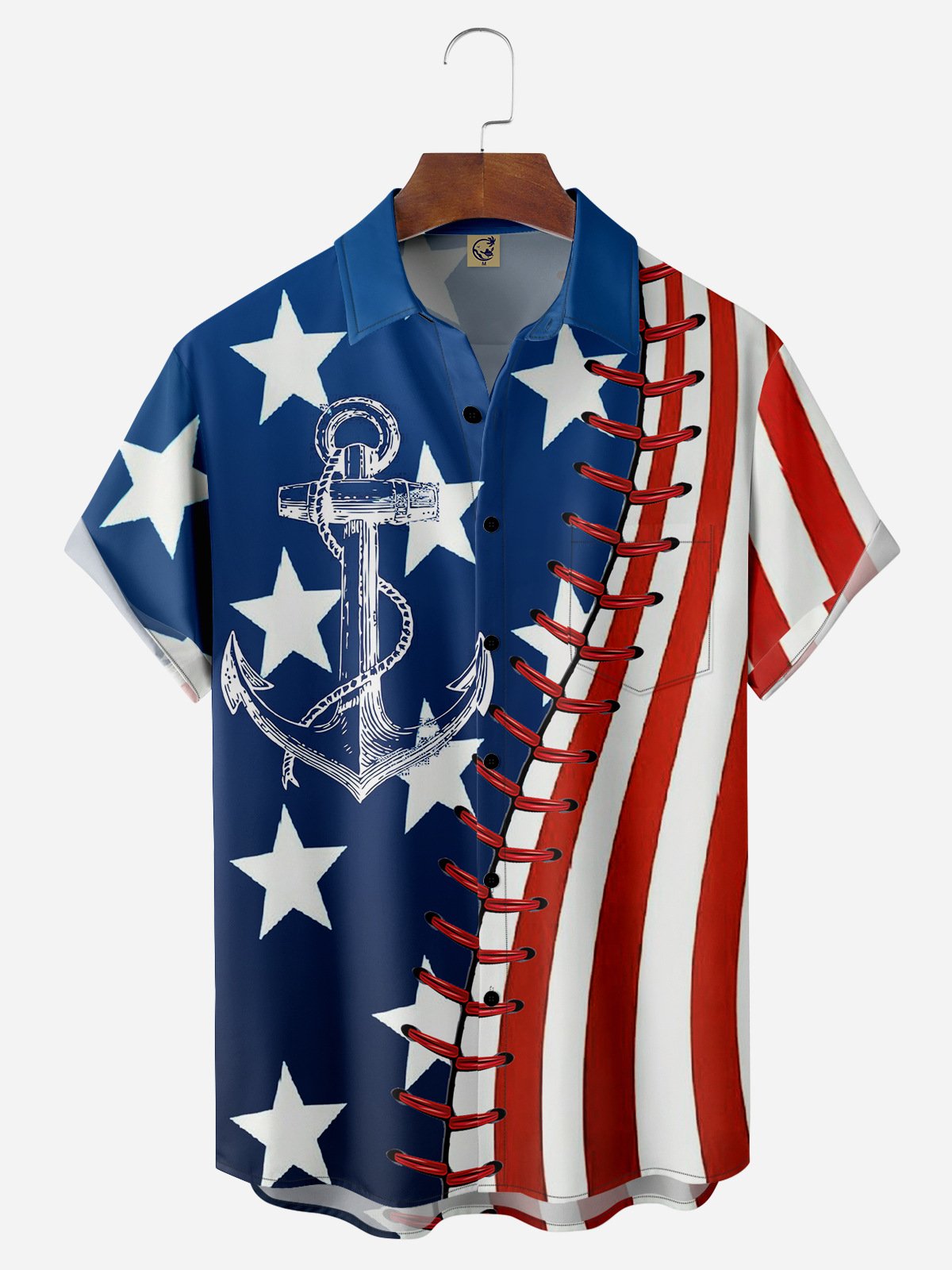 American Flag Anchor Chest Pocket Short Sleeve Casual Shirt