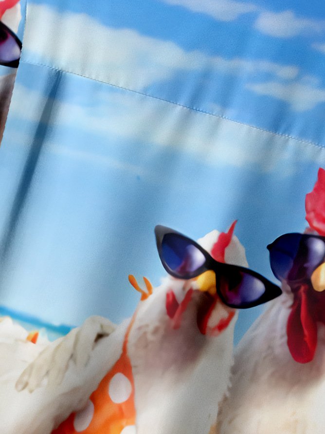 Big Size Rooster Chest Pocket Short Sleeves Hawaiian Shirt