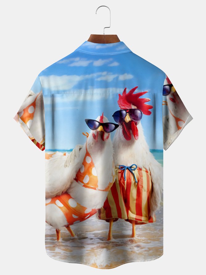 Big Size Rooster Chest Pocket Short Sleeves Hawaiian Shirt
