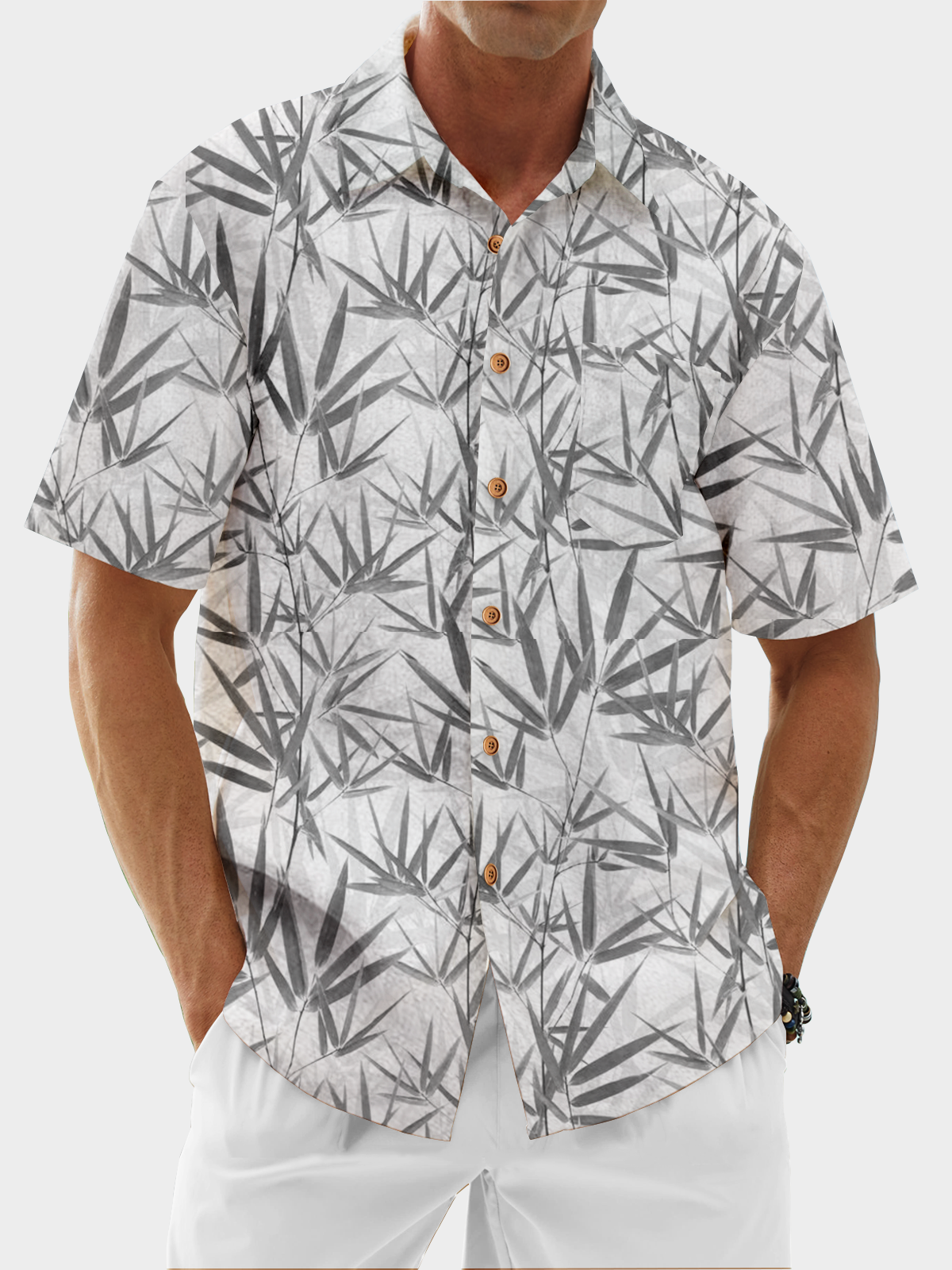 Bamboo Print Chest Pocket Short Sleeve Casual Shirt
