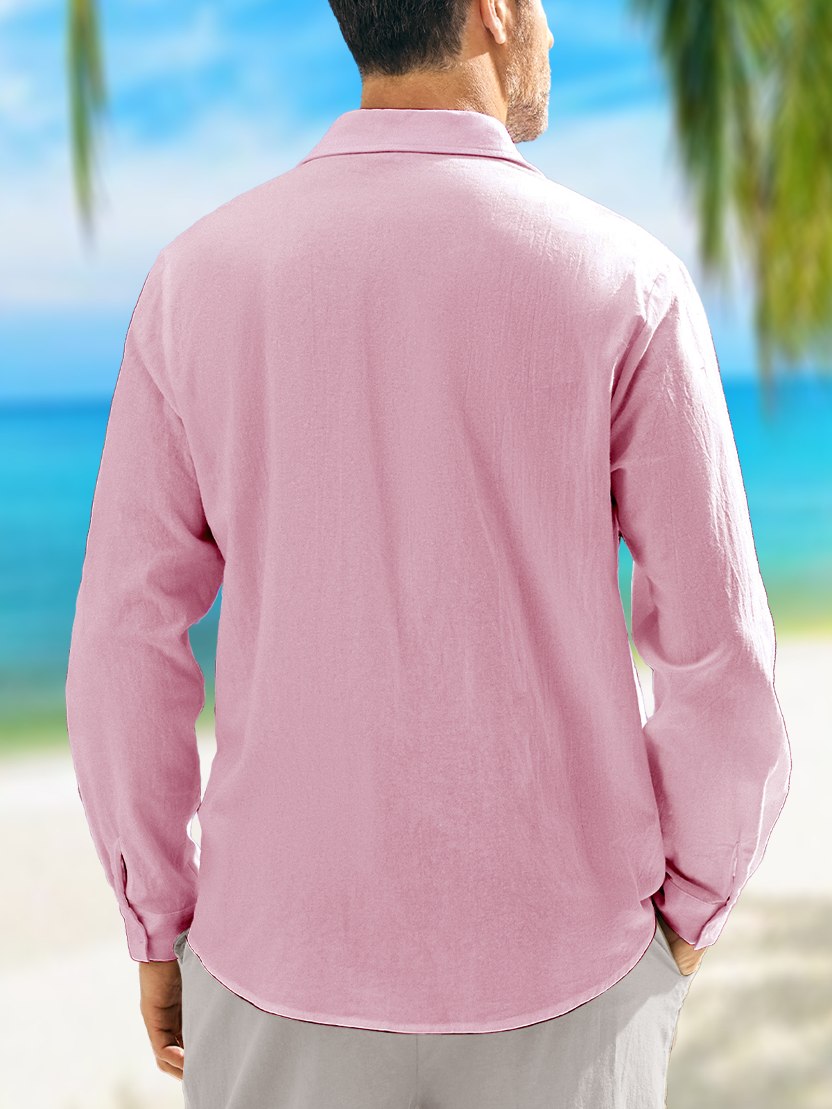 Coconut Tree Chest Pocket Long Sleeve Guayabera Shirt