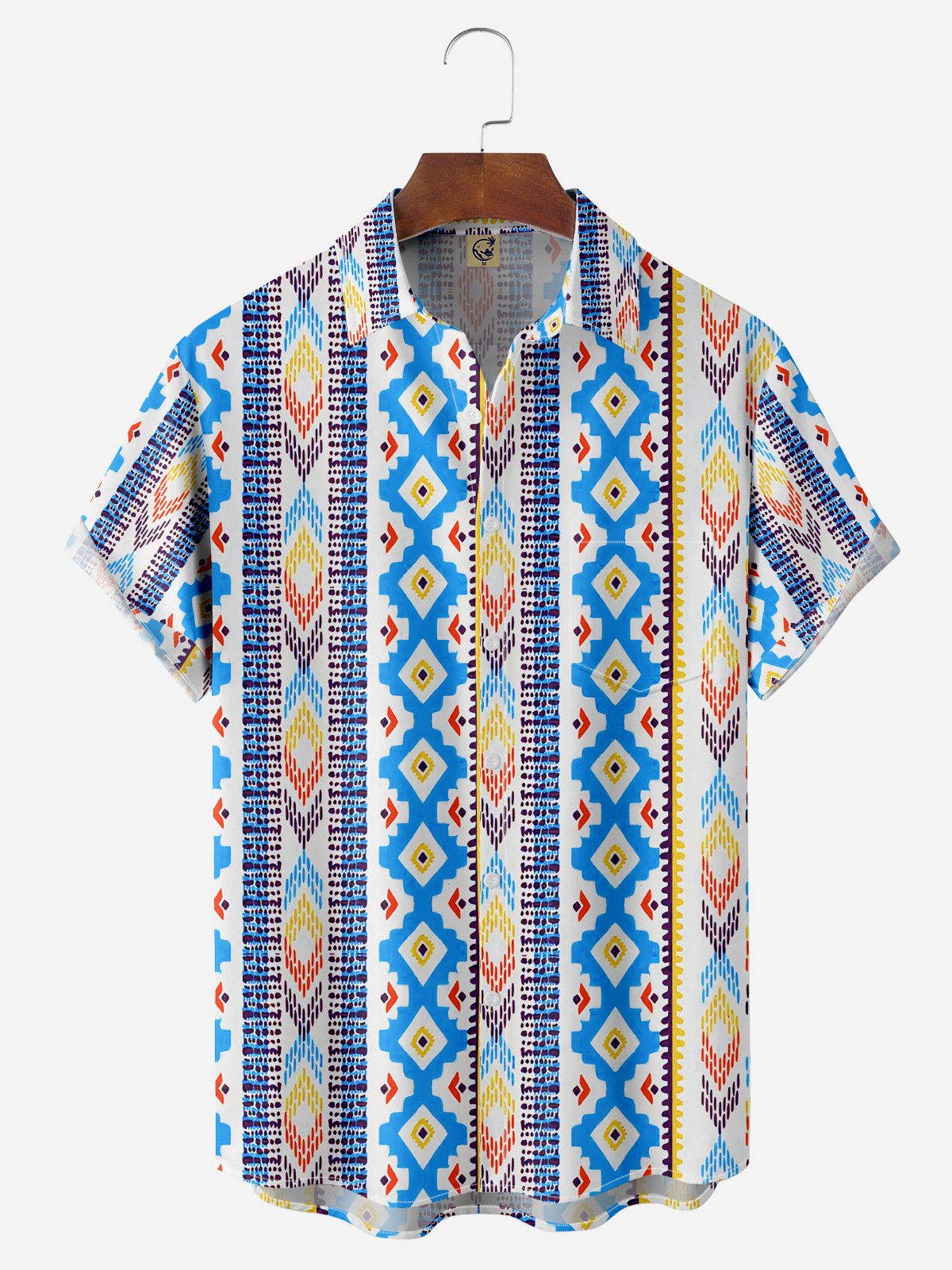 Ethnic Geometric Chest Pocket Short Sleeve Casual Shirt