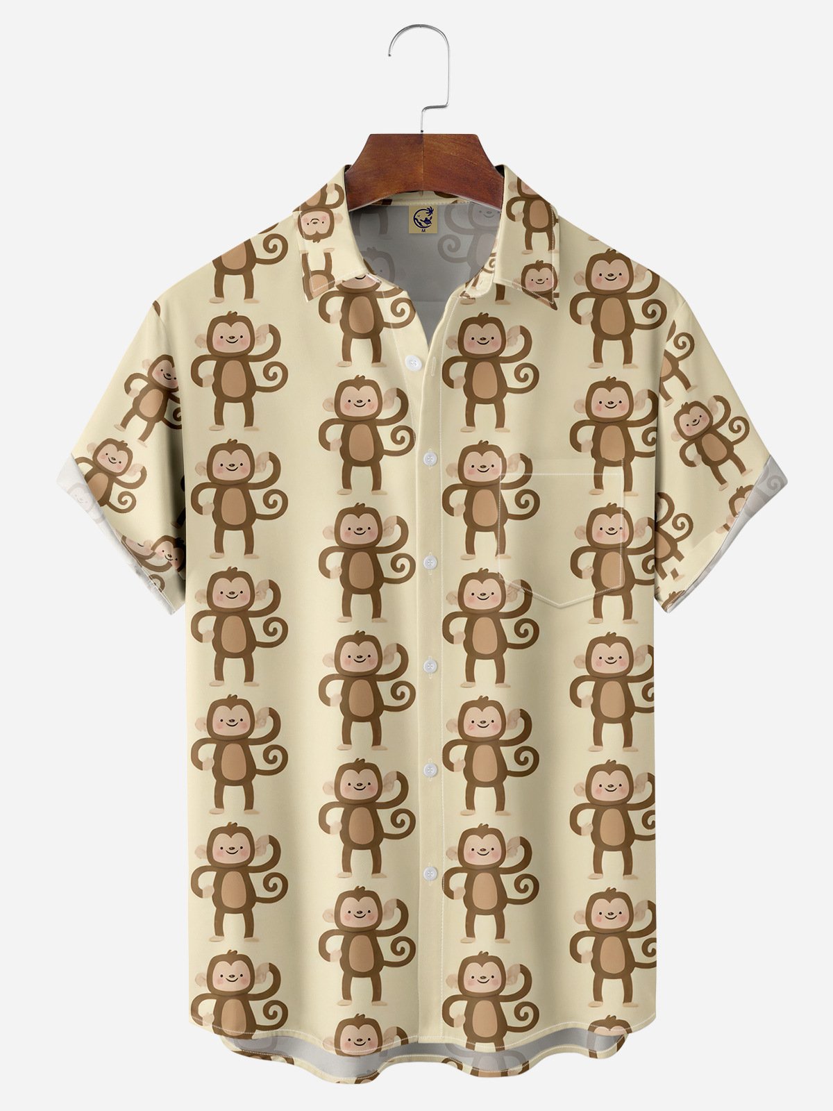 Cartoon Monkey Chest Pocket Short Sleeve Casual Shirt