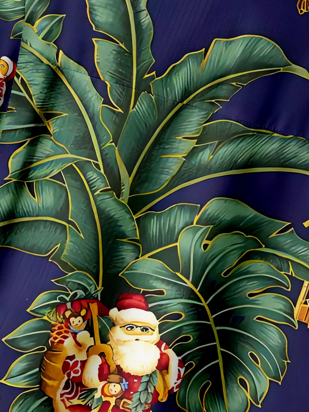 Santa Claus and Palm Tree Chest Pocket Short Sleeve Casual Shirt