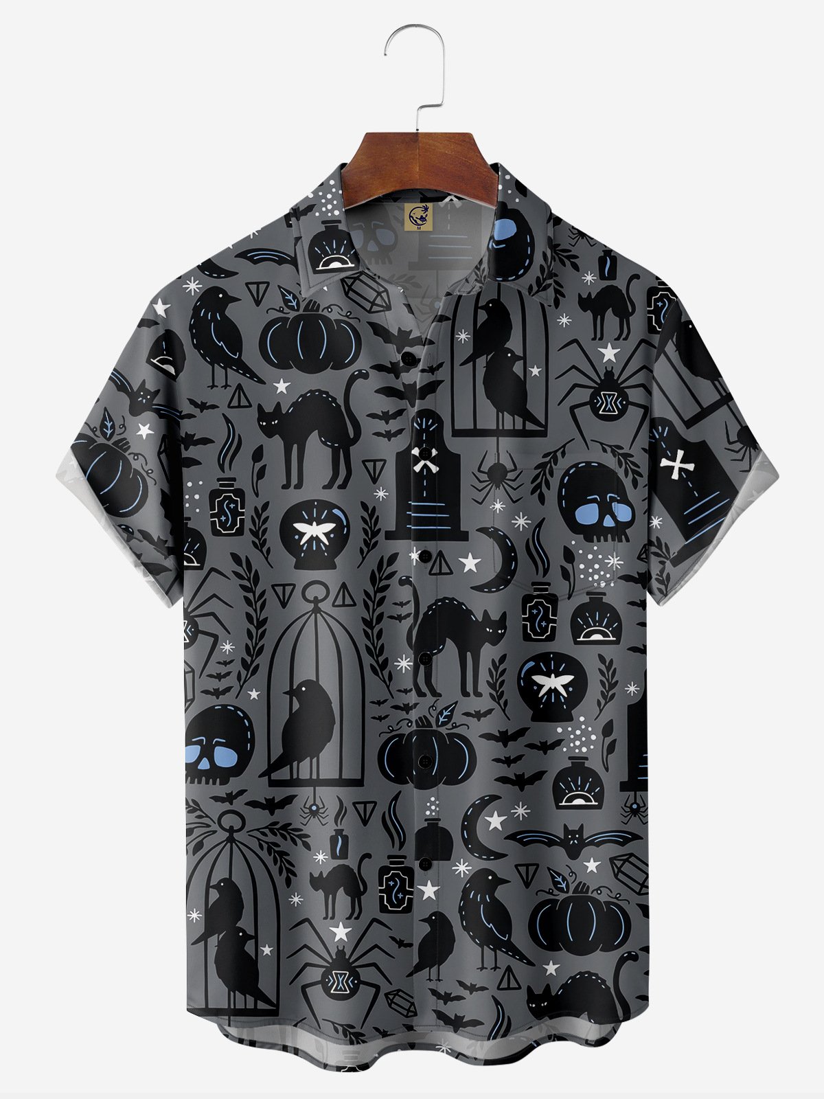 Halloween Cat Chest Pocket Short Sleeve Casual Shirt