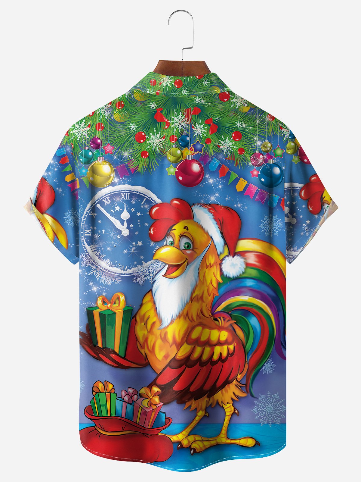 Christmas Rooster Chest Pocket Short Sleeve Casual Shirt