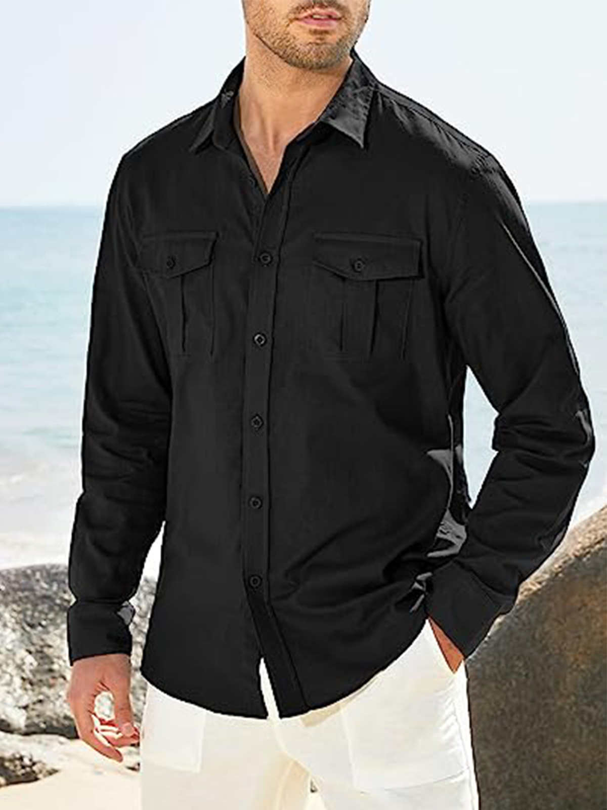 Cotton Plain Flap Pockets Long Sleeve Casual Shirt