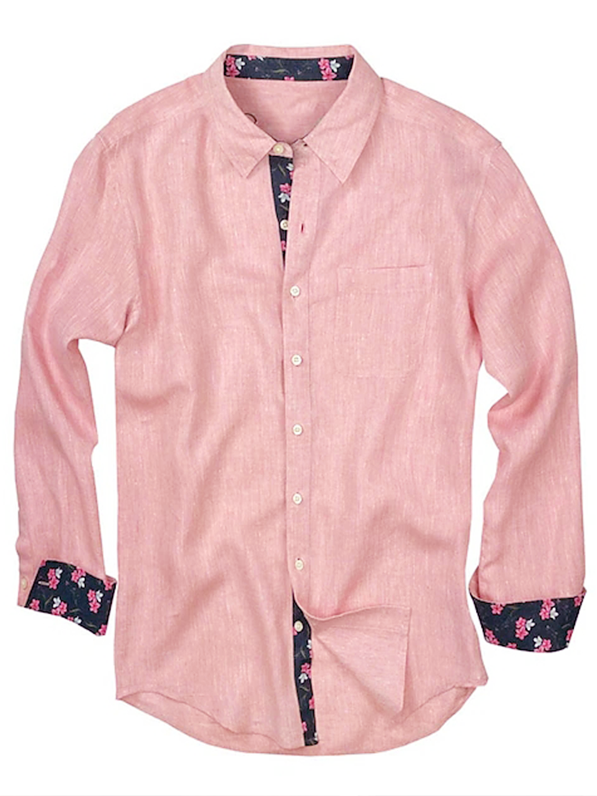 Linen Solid Panel Floral Chest Pocket Long Sleeve Casual Shirt