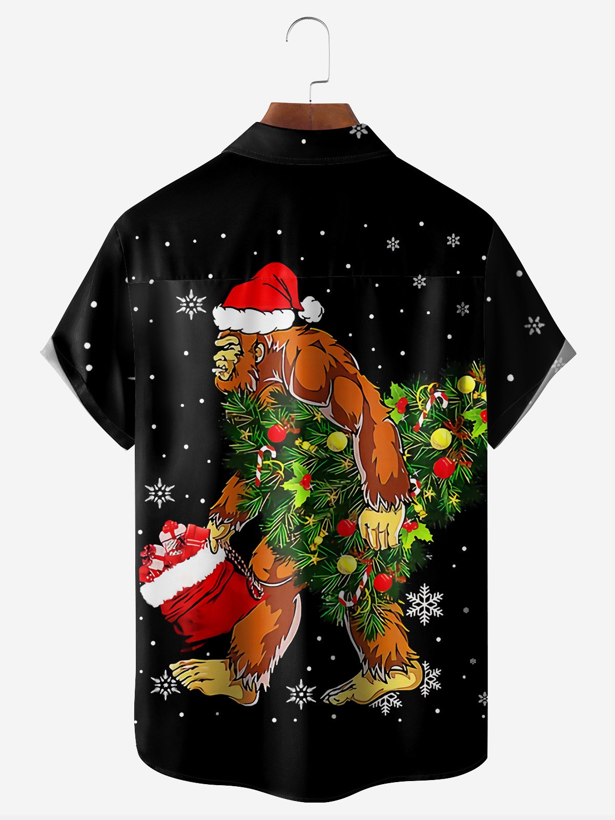 Christmas Bigfoot Chest Pocket Short Sleeve Casual Shirt