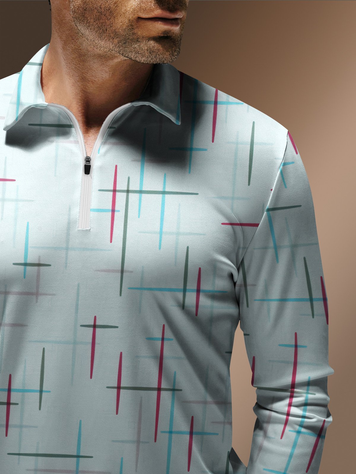 Mid Century Geometric Zip Long Sleeve Casual Polo Shirt