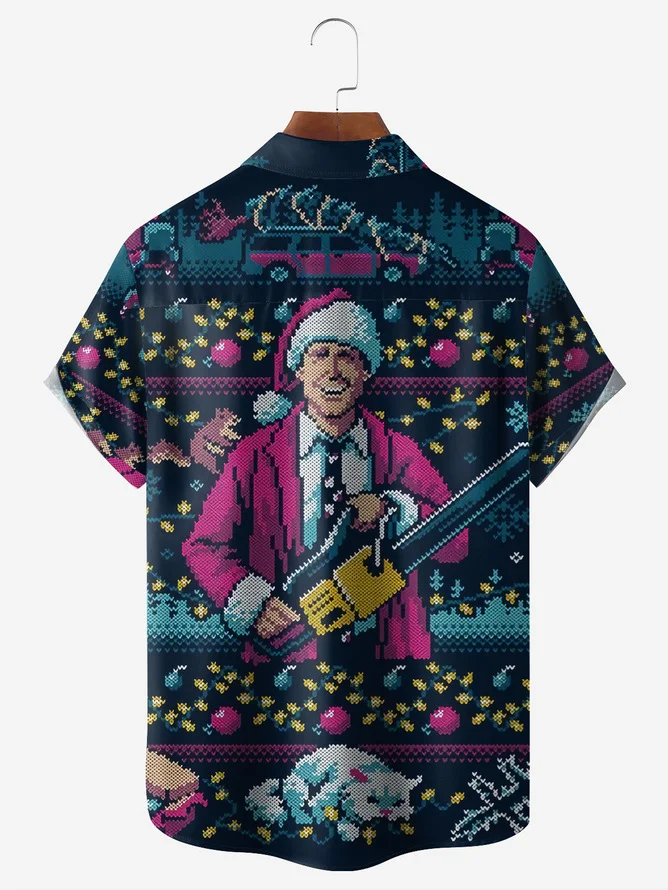 Big Size Christmas Chest Pocket Short Sleeve Casual Shirt