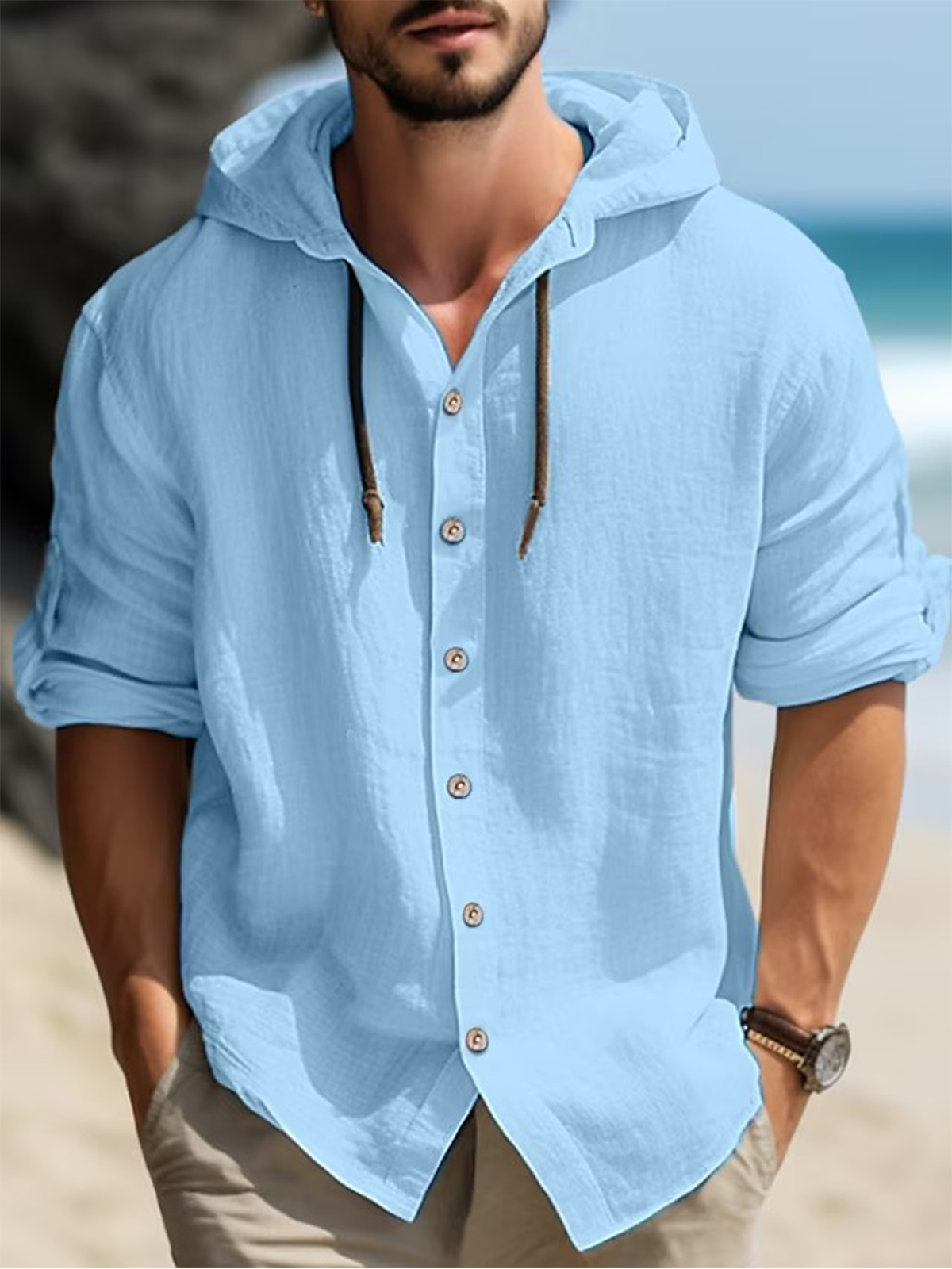 Cotton Plain Long Sleeve Casual Hooded Shirt