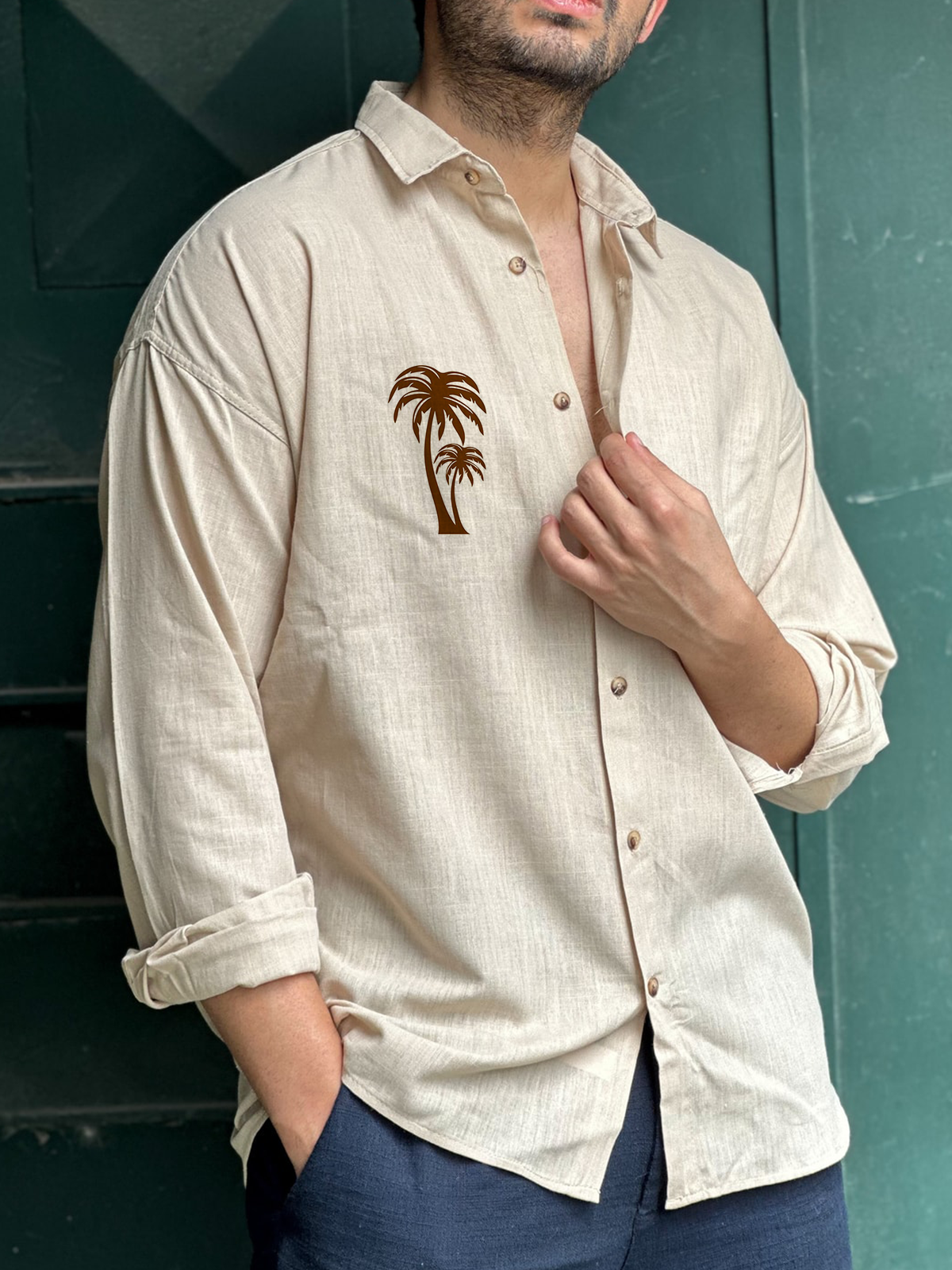 Cotton Coconut Tree Print Long Sleeve Casual Shirt