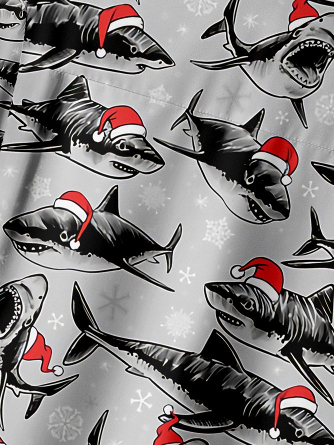 Big Size Christmas Sharks Chest Pocket Short Sleeve Shirt