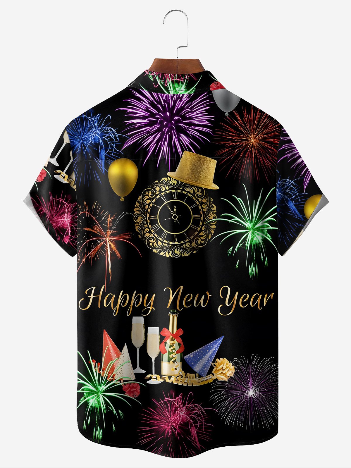 New Year Fireworks Chest Pocket Short Sleeve Casual Shirt