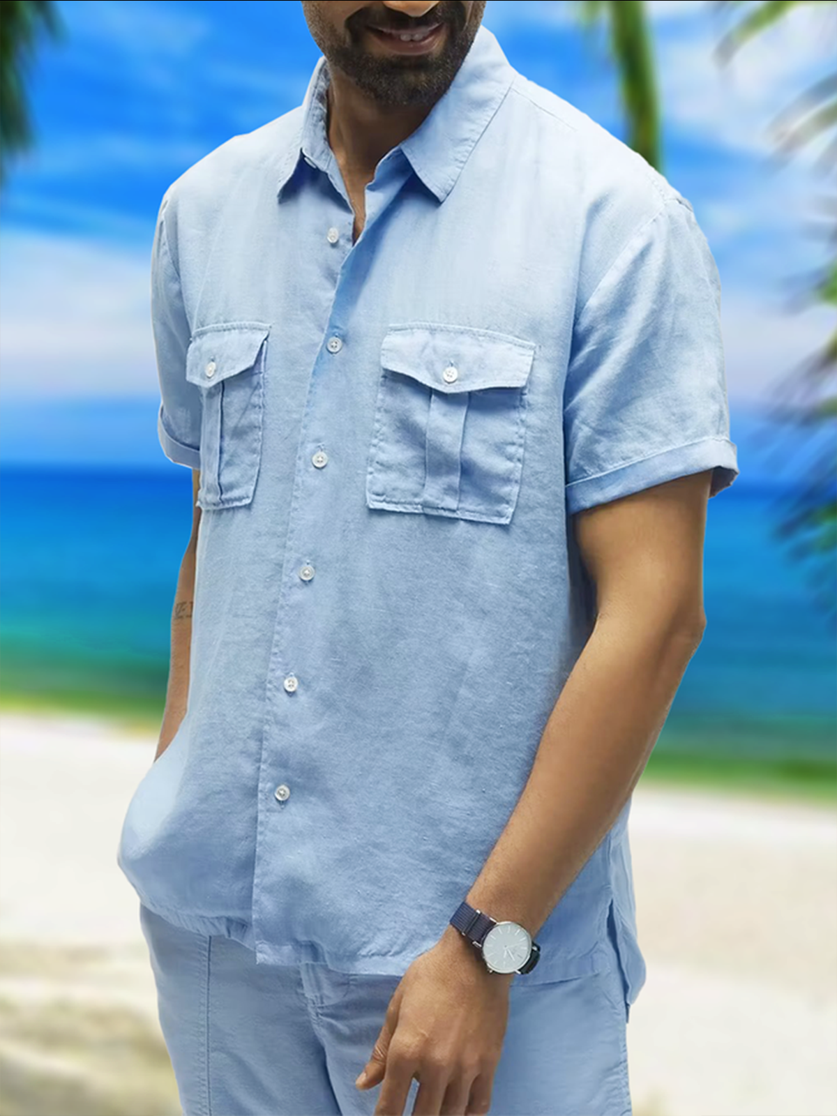 Cotton Plain Box Pleated Short Sleeve Casual Shirt