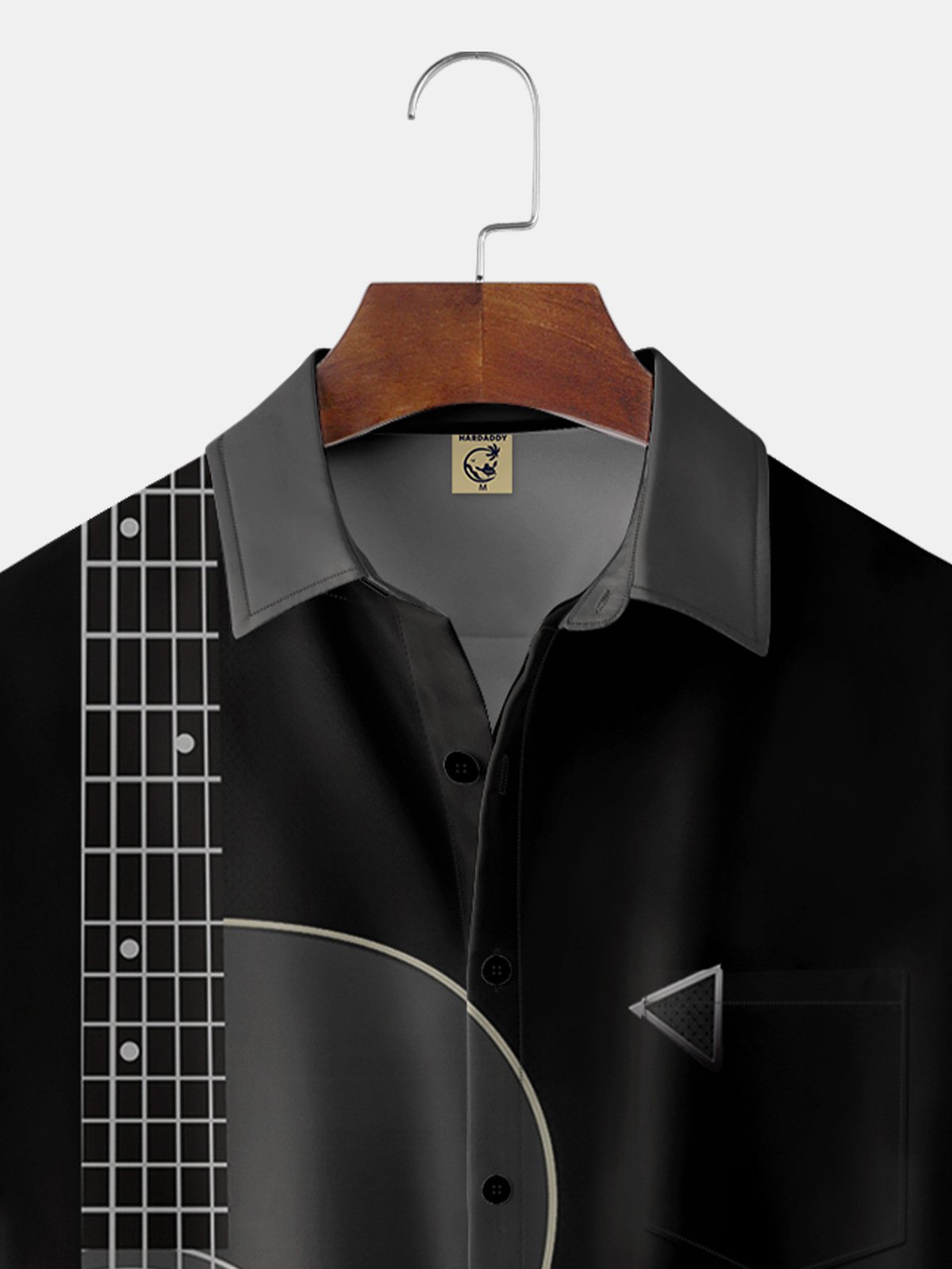 Mens Music Guitar Print Front Buttons Lapel Chest Pocket Loose Casual Hawaiian Shirt