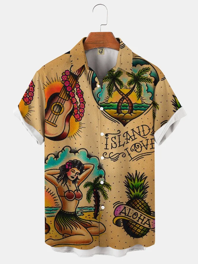 Mens Beach Print Casual Breathable Hawaiian Short Sleeve Shirt