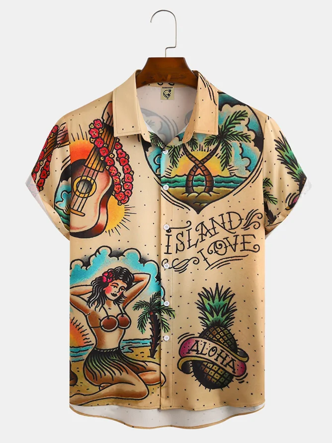 Mens Beach Print Casual Breathable Hawaiian Short Sleeve Shirt