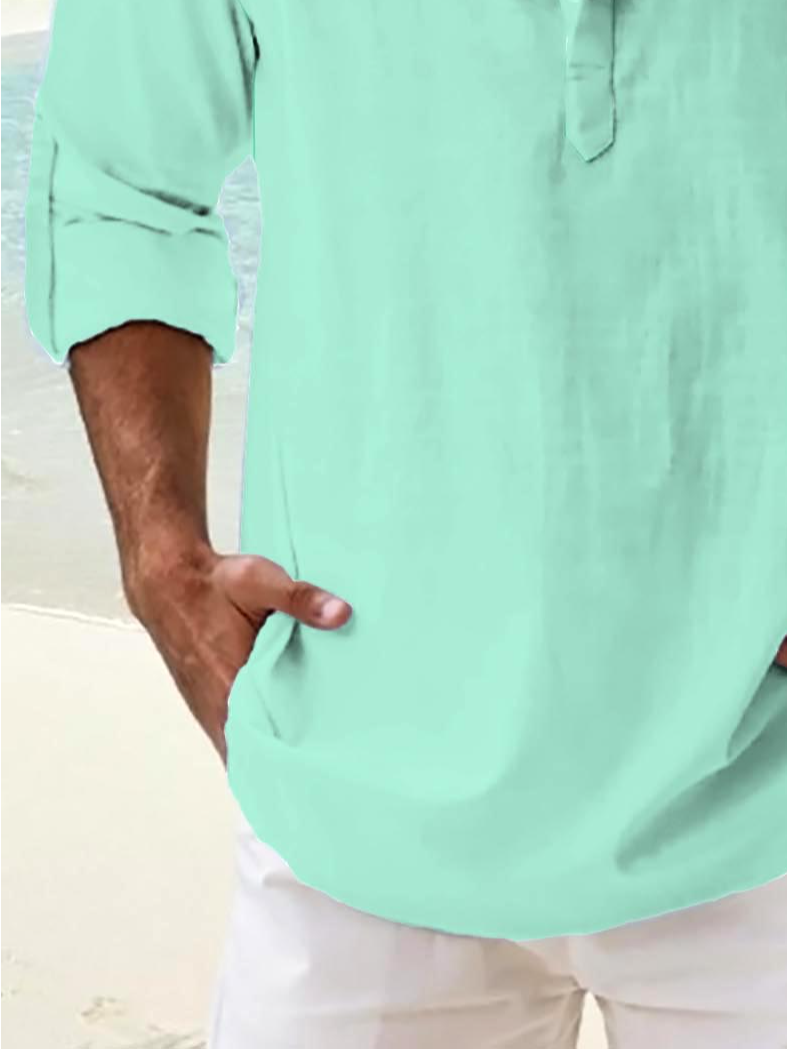 Cotton Plain Rolled-up Sleeves Henley Shirt