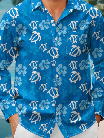 Moisture Wicking Botanical Floral Turtle Chest Pocket Long Sleeve Casual Shirt