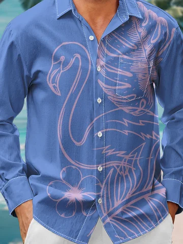 Moisture Wicking Floral Flamingo Chest Pocket Long Sleeve Casual Shirt
