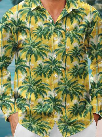 Moisture Wicking Botanical Coconut Tree Floral Chest Pocket Long Sleeve Casual Shirt