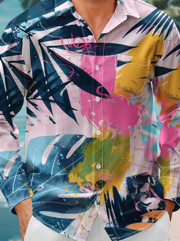 Moisture Wicking Floral Chest Pocket Long Sleeve Casual Shirt