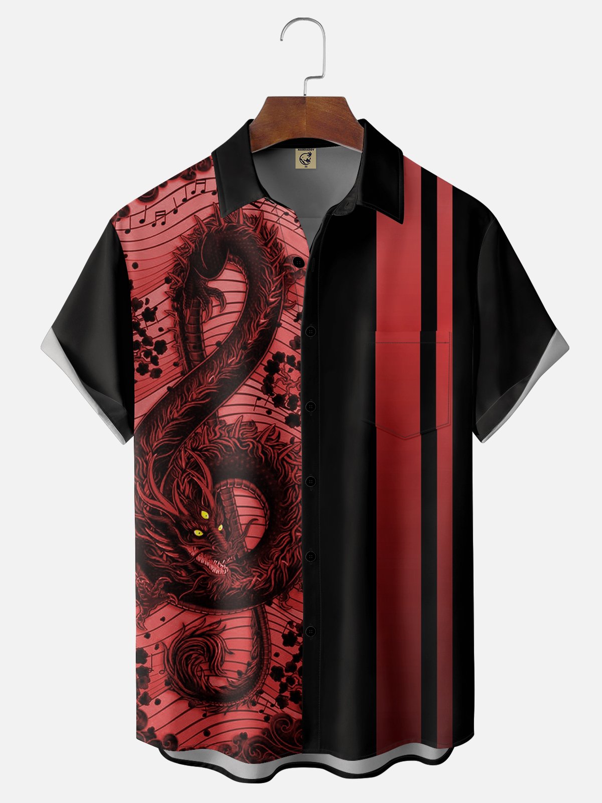 Music Dragon Chest Pocket Short Sleeve Bowling Shirt