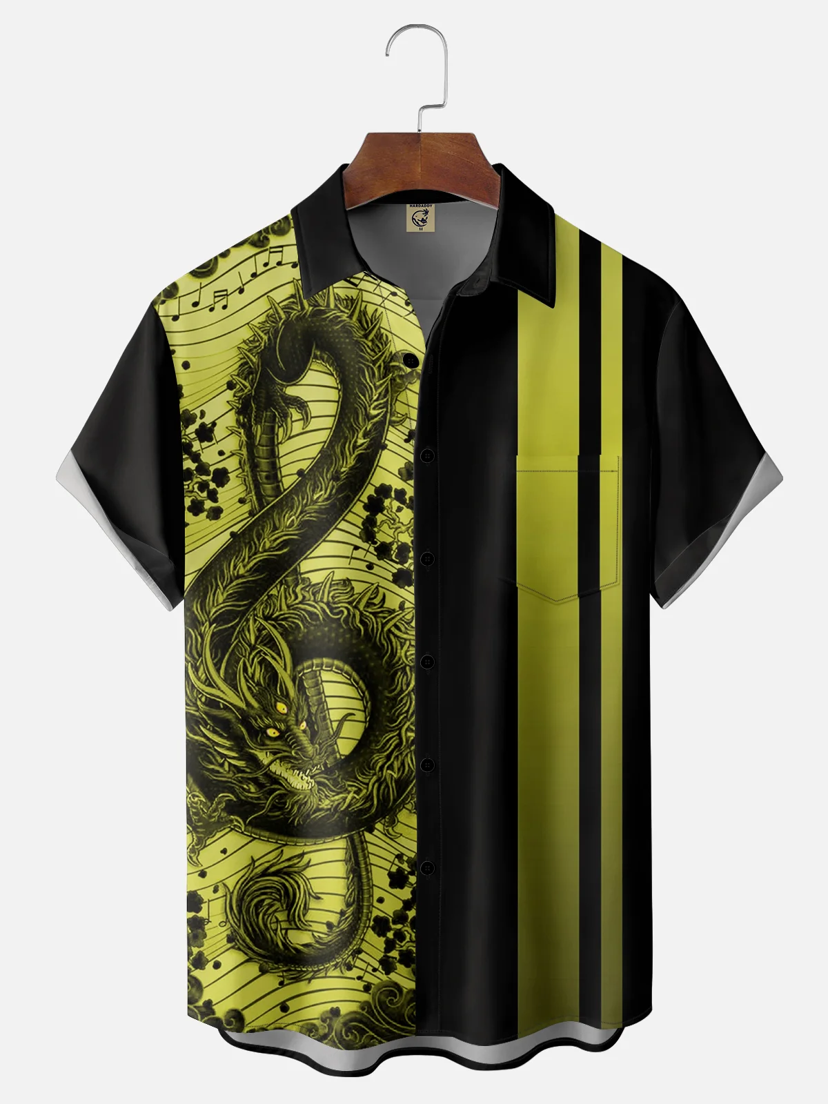 Music Dragon Chest Pocket Short Sleeve Bowling Shirt