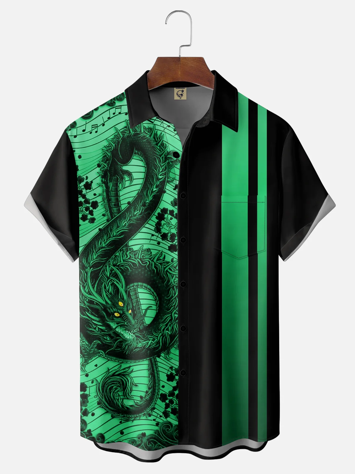 Music Dragon Chest Pocket Short Sleeve Bowling Shirt