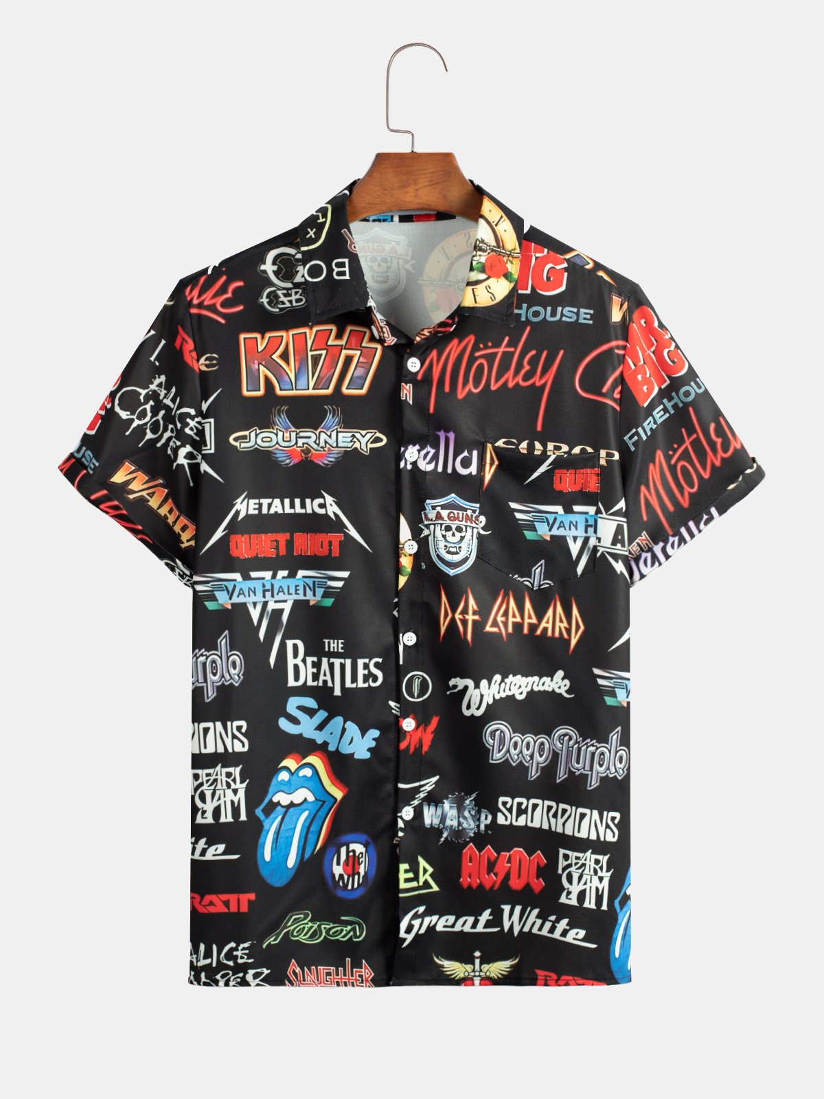Mens Rock and Roll Punk Short Sleeve Shirt Pocket Lapel Casual Hawaiian