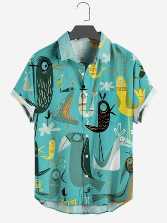 Mens Bird Print Pocket Lapel Casual Loose Short Sleeve Hawaiian Shirt