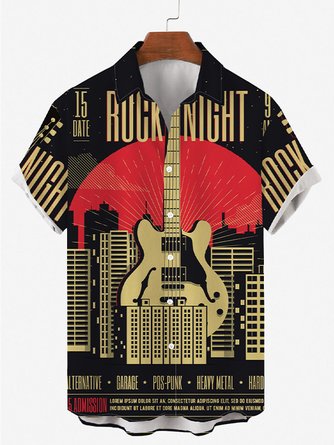Mens Guitar Music Print Round Hem Loose Short Sleeve Shirt