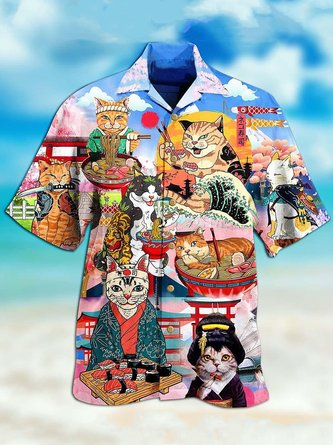 Mens Japanese Cats Print Casual Breathable Short Sleeve Hawaiian Shirts
