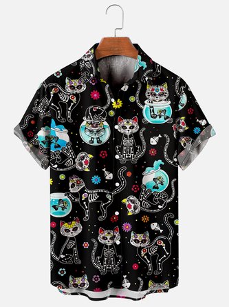Mens Punk Skull Cats Print Casual Breathable Short Sleeve Hawaiian Shirts