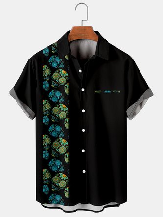 Holiday Casual Vintage Floral And Skull Pattern Hawaiian Style Printed Shirt Top