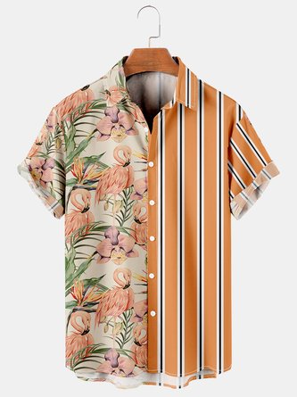 Holiday Leisure Plant Elements Coconut Tree And Flamingo Pattern Hawaiian Style Printed Shirt Top